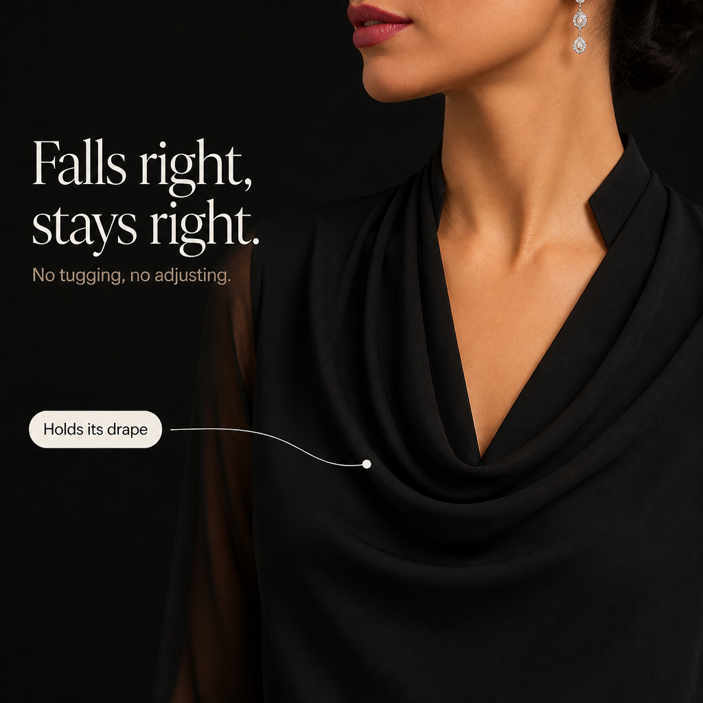 Cowlora – Cowl Neck Sheer Sleeve Asymmetrical Blouse