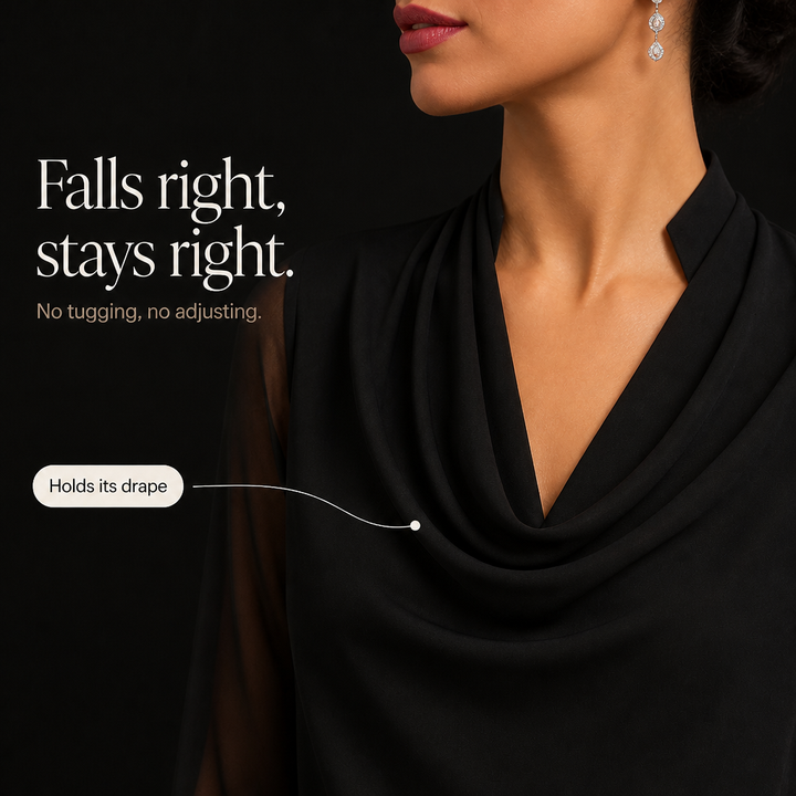 Cowlora – Cowl Neck Sheer Sleeve Asymmetrical Blouse