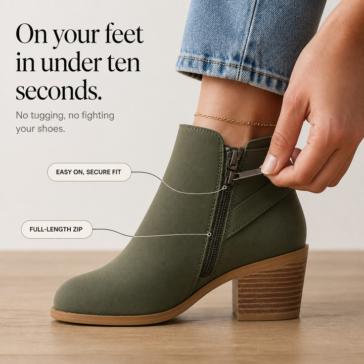 Buckle & Block – Slanted Buckle Side-Zip Ankle Boots