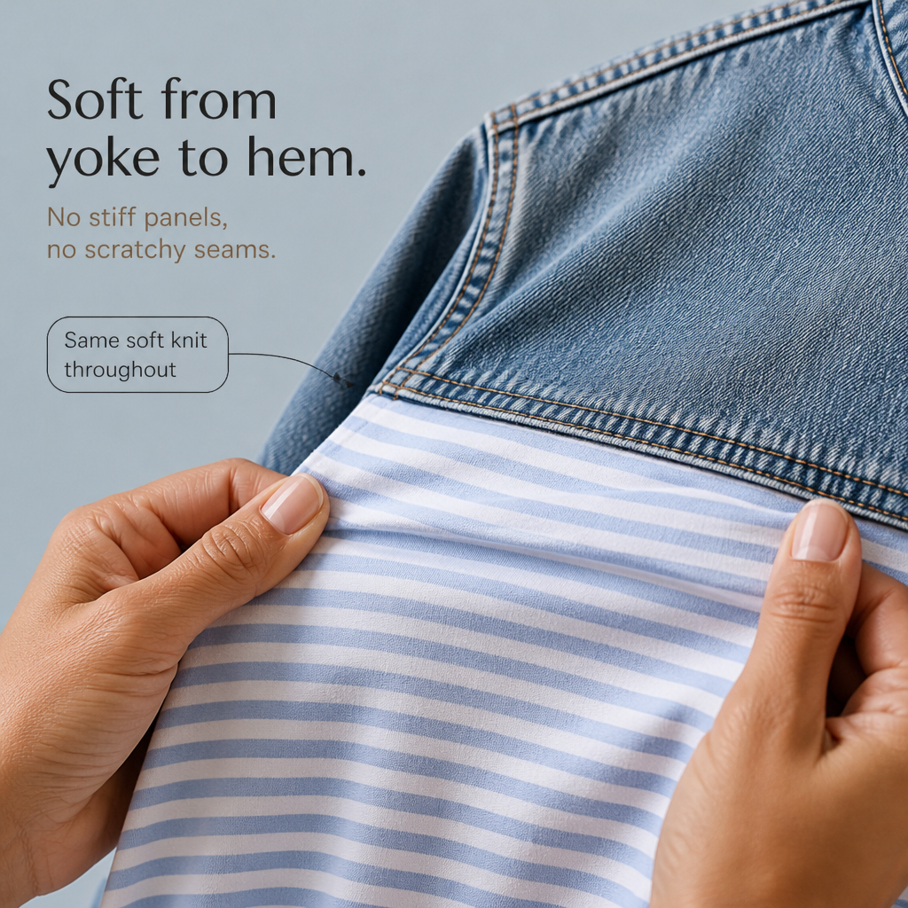 Denimelle – Denim-Look Yoke Ribbed Color-Block Top