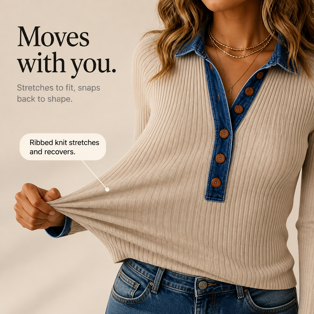 Denali Rowe – Denim-Look Collar Ribbed Knit Top