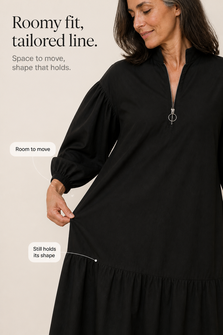Wearbella – Half-Zip Stand-Collar Lantern-Sleeve Dress