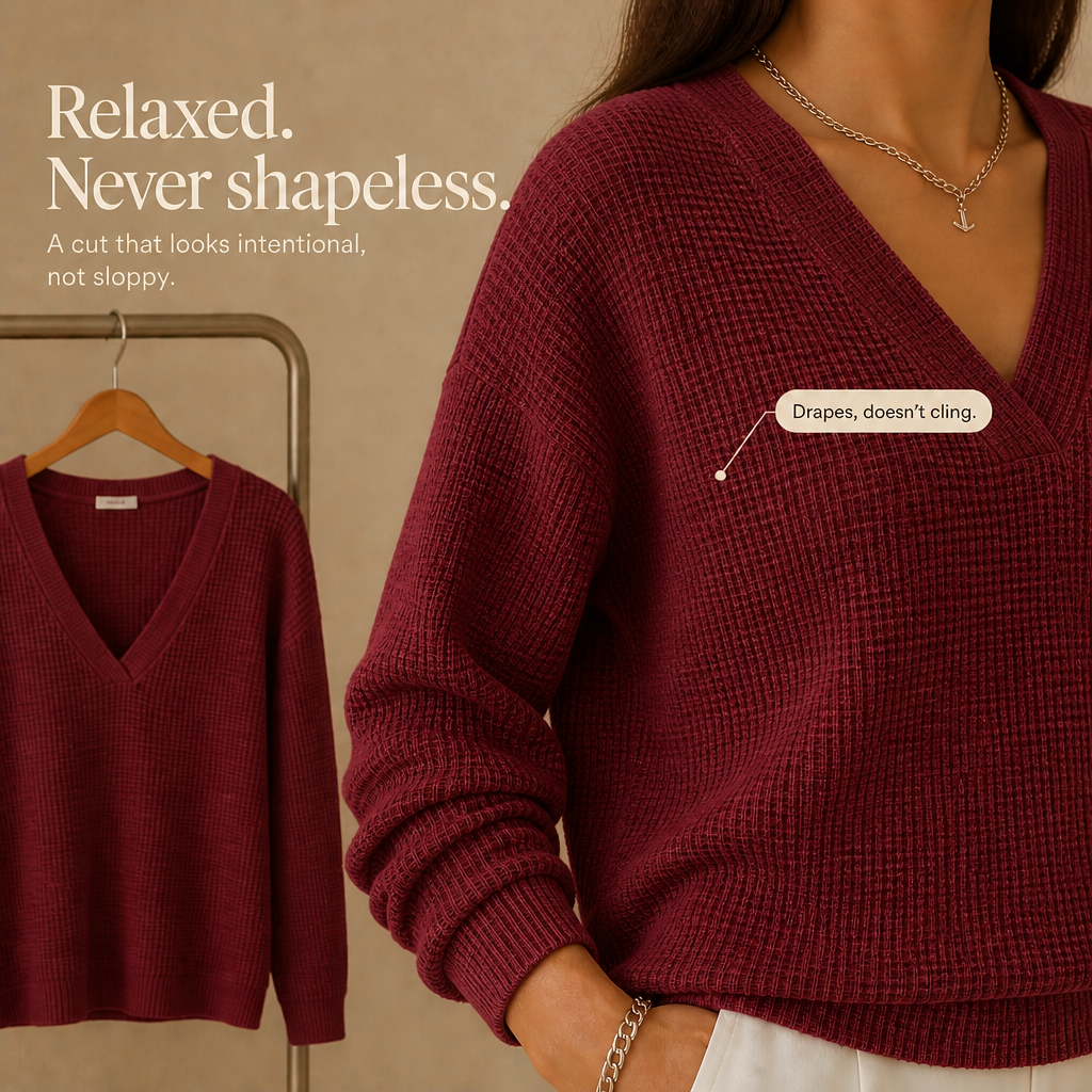Wearbella – Waffle Knit Drop-Shoulder V-Neck Top