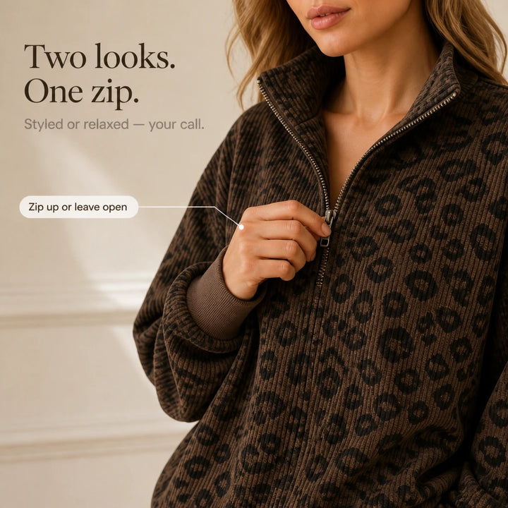 Roamprint – Leopard Print Oversized Quarter-Zip Sweatshirt