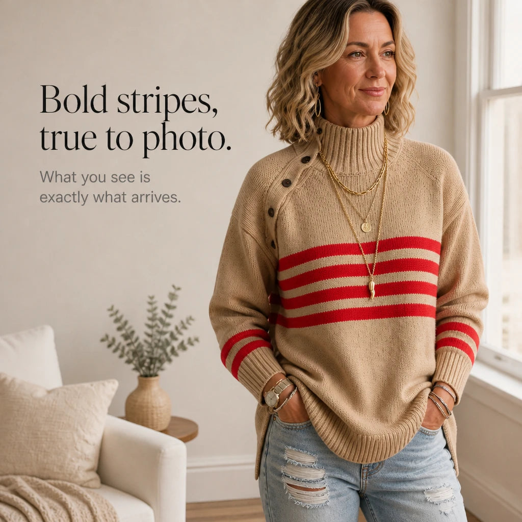 Cozyline – Striped High-Neck Button-Shoulder Knit Pullover