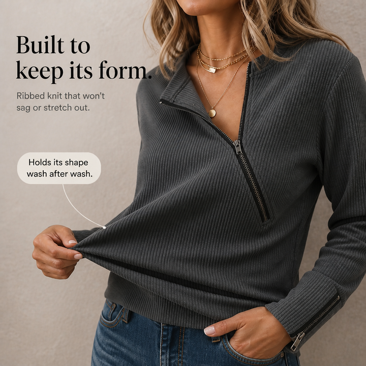 Layerly – Asymmetric Zip Ribbed Knit Top