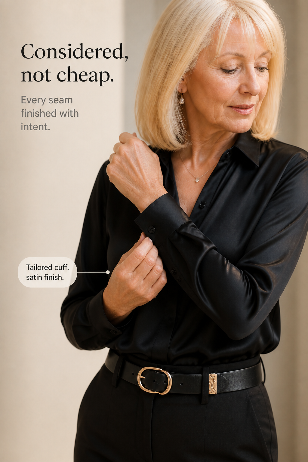 Placket & Poise – Concealed Placket Satin Long Sleeve Blouse