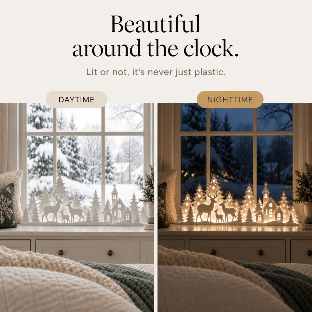 Deerwood Glow – LED Christmas Window Village With Deer