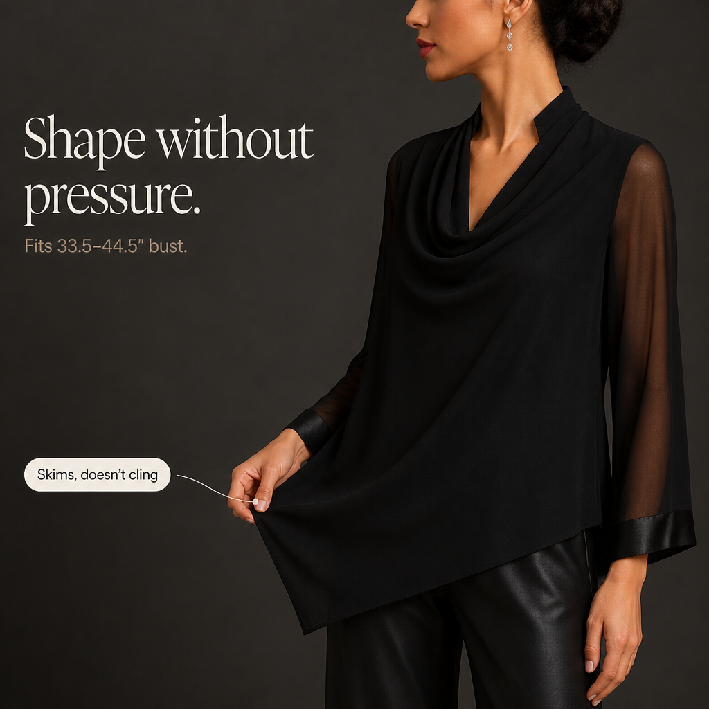 Cowlora – Cowl Neck Sheer Sleeve Asymmetrical Blouse