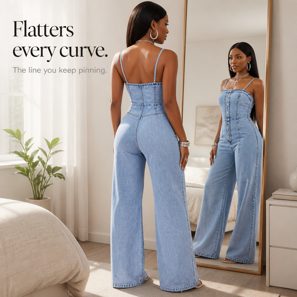 Wearbella – Wide Leg Spaghetti Strap Denim Jumpsuit