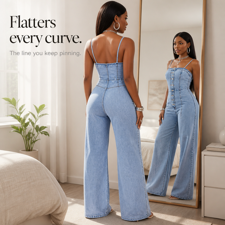 Wearbella – Wide Leg Spaghetti Strap Denim Jumpsuit
