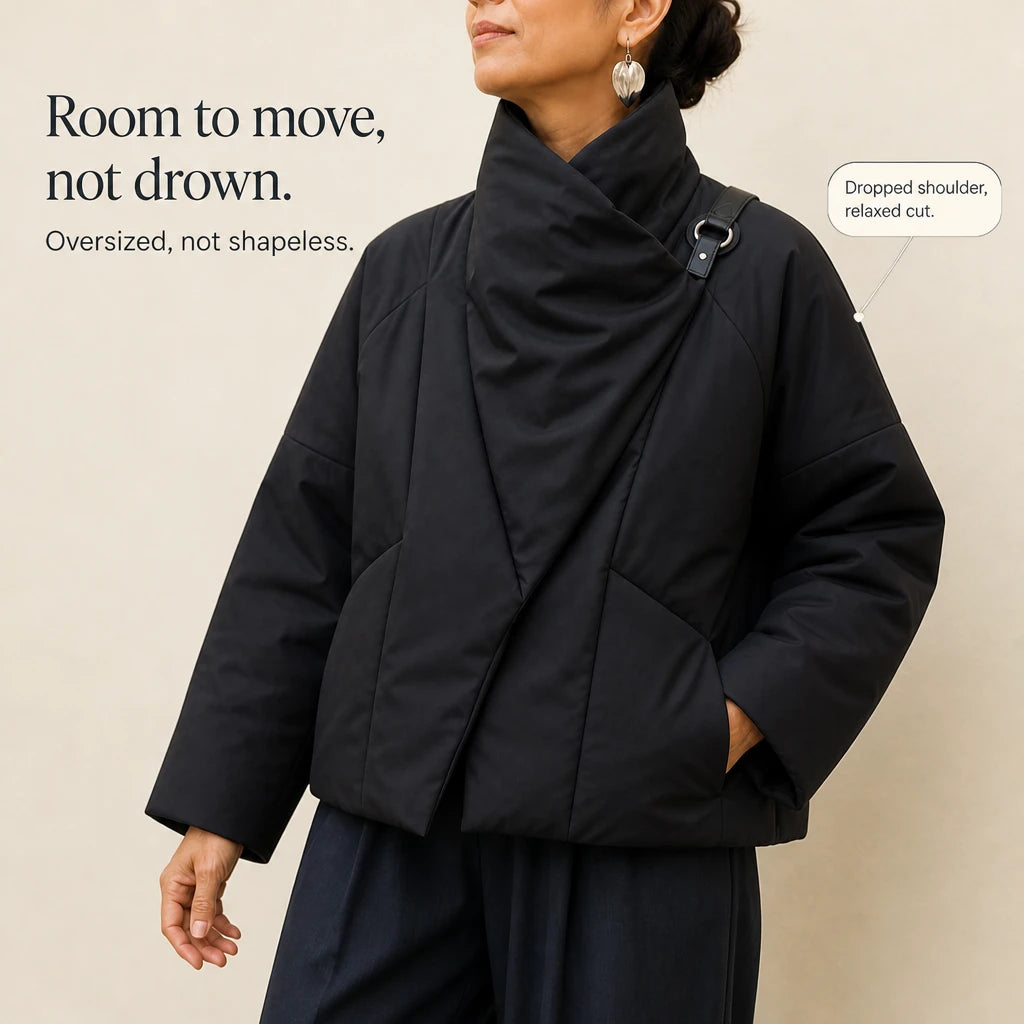 Veluna – Asymmetric Draped-Neck Puffer Jacket