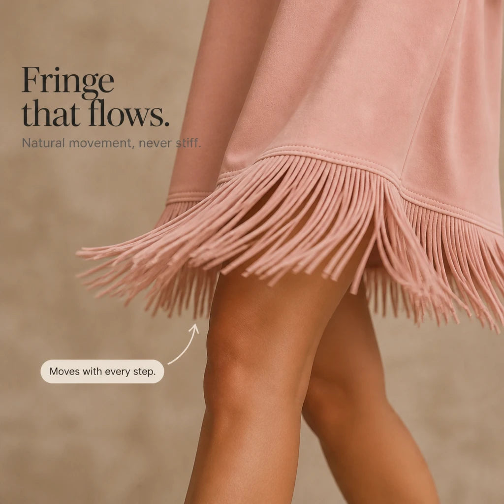 Suede Swing – Faux Suede Fringe Turtleneck Dress