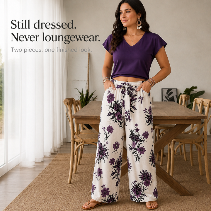 Twovelle – V-Neck Tie-Waist Wide-Leg Two-Piece Set