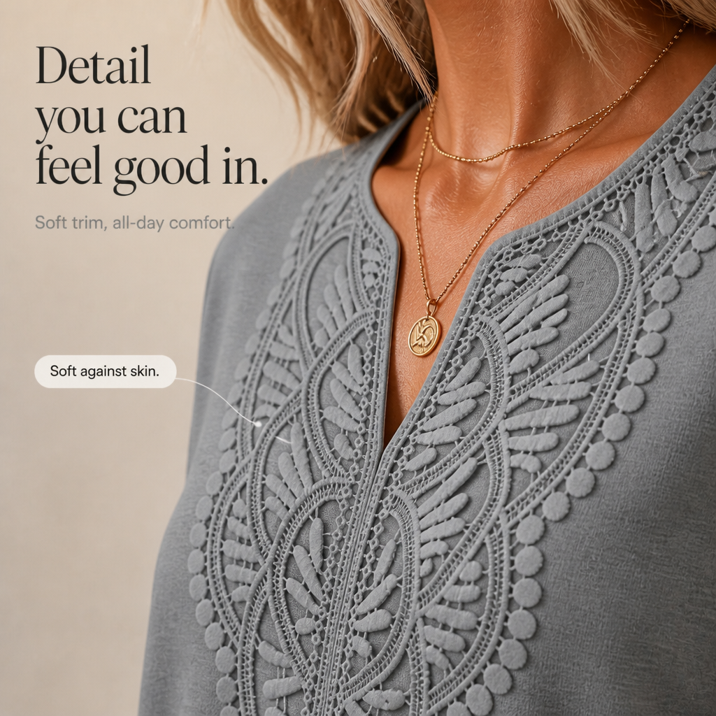 Wearbella – Lace Trim V-Neck Relaxed Tunic Top