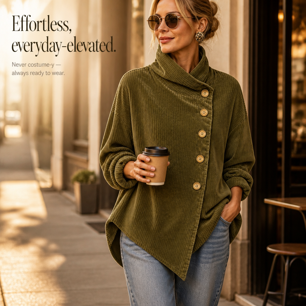 Foldover – Asymmetric Placket Funnel Neck Corduroy Top
