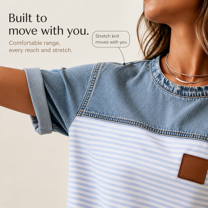 Denimelle – Denim-Look Yoke Ribbed Color-Block Top