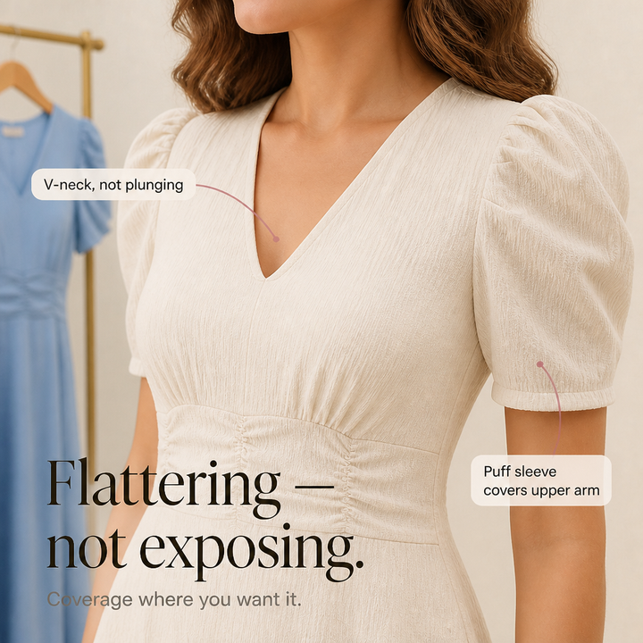 Wearbella – Ruched Waist Puff Sleeve V-Neck Midi Dress