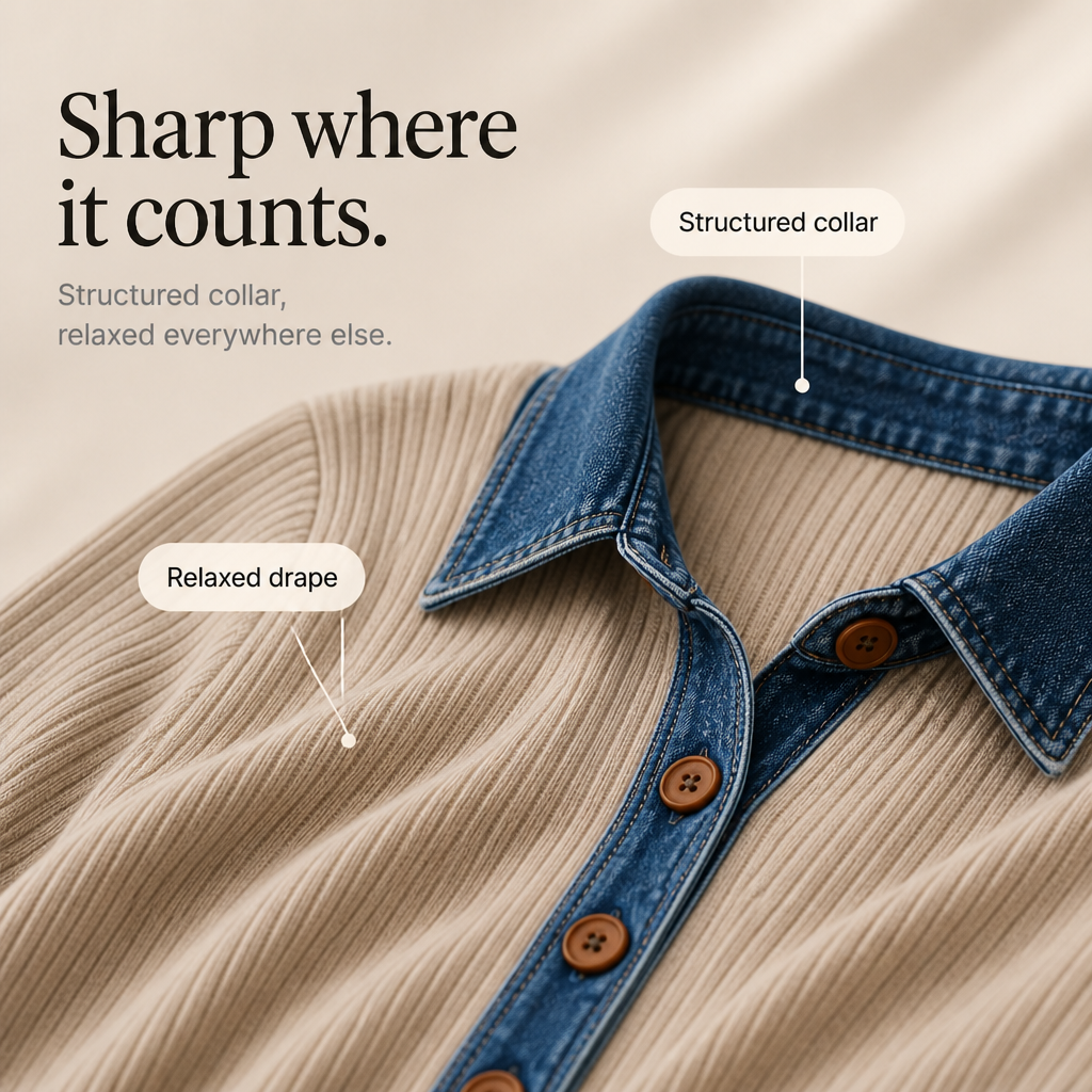 Denali Rowe – Denim-Look Collar Ribbed Knit Top