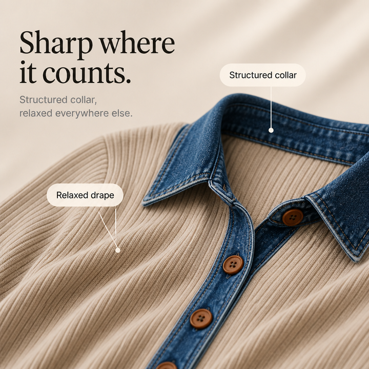 Denali Rowe – Denim-Look Collar Ribbed Knit Top