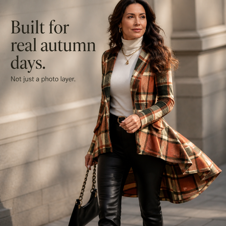 Wearbella – Cinched-Waist High-Low Plaid Peplum Coat