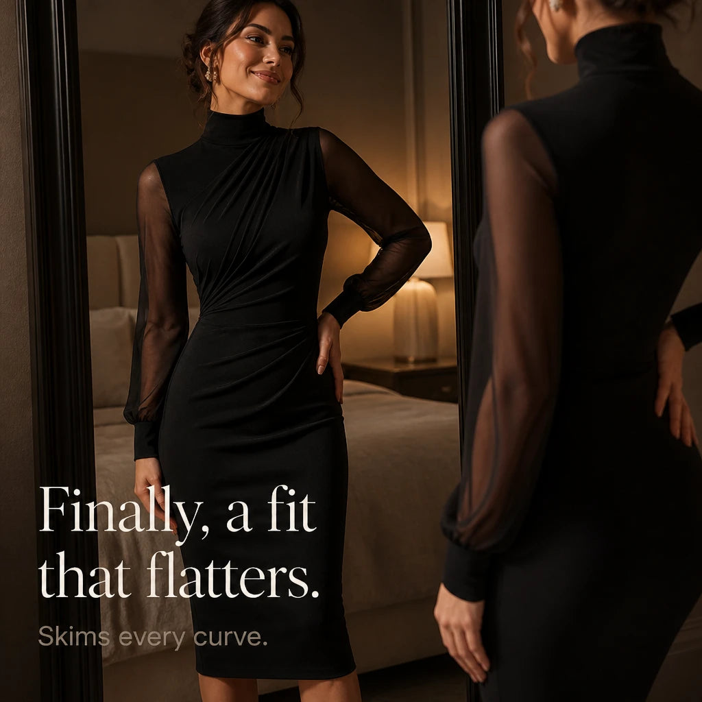 Veloura – Mock Neck Sheer-Sleeve Bodycon Midi Dress