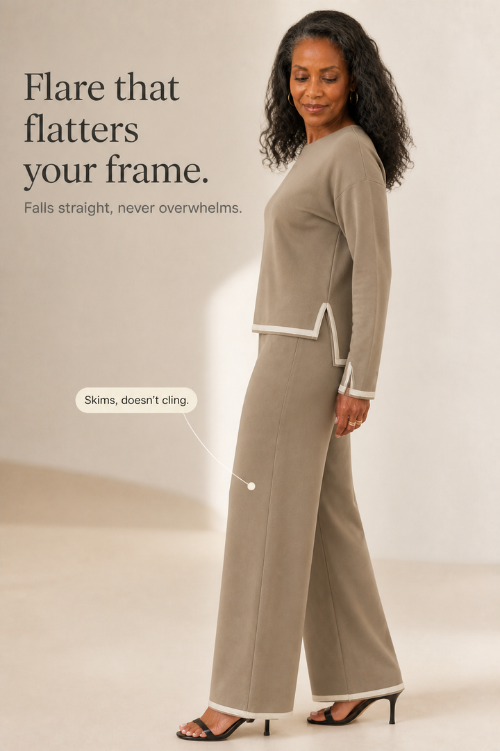 Setwell – Contrast-Trim Crewneck Top And Wide-Leg Pants Set