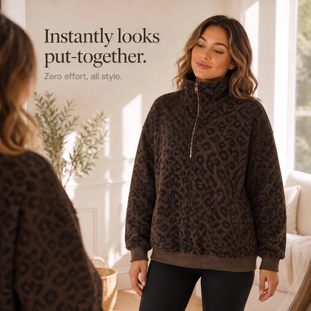 Roamprint – Leopard Print Oversized Quarter-Zip Sweatshirt