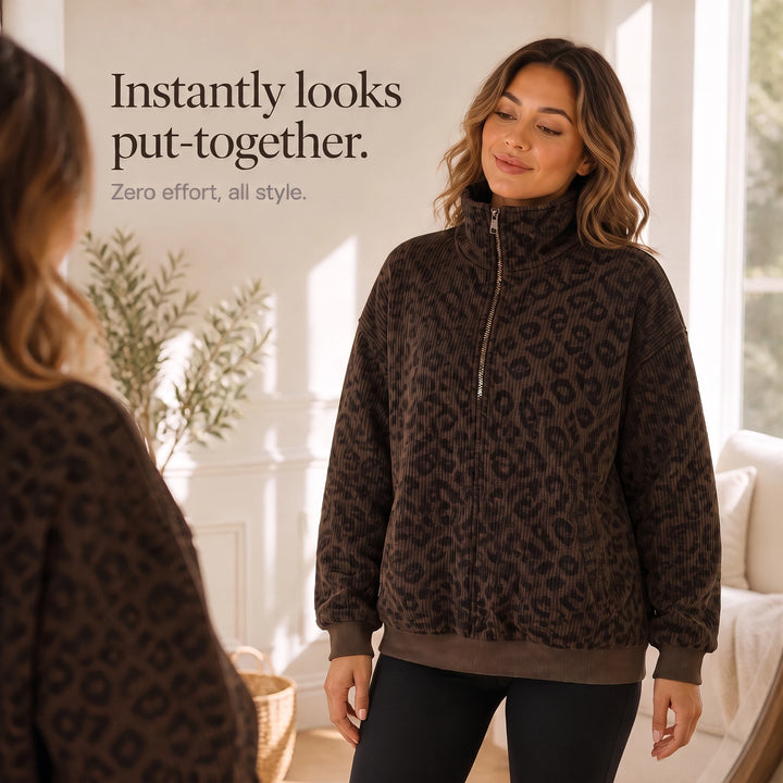 Roamprint – Leopard Print Oversized Quarter-Zip Sweatshirt