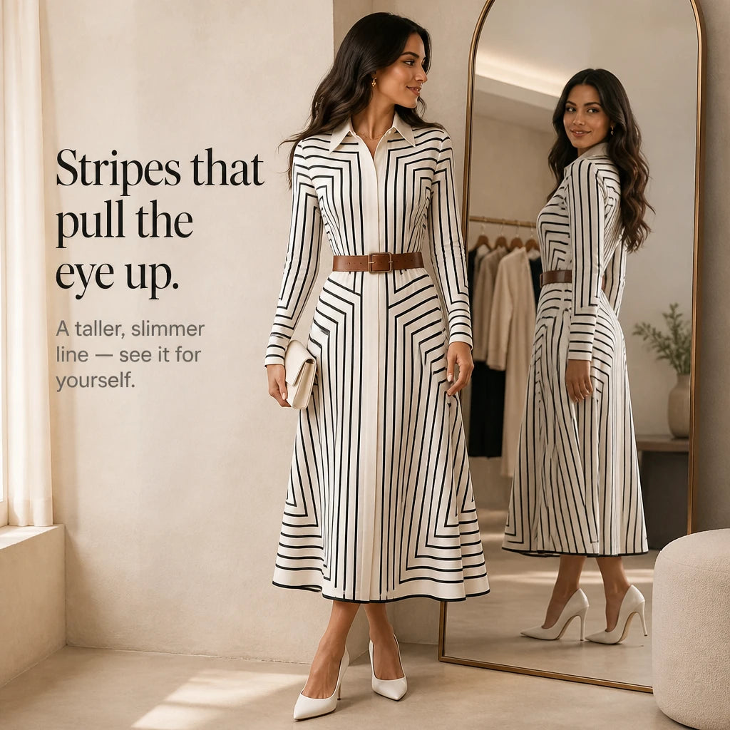 Linea Midi – Geometric Print Belted Shirt Dress