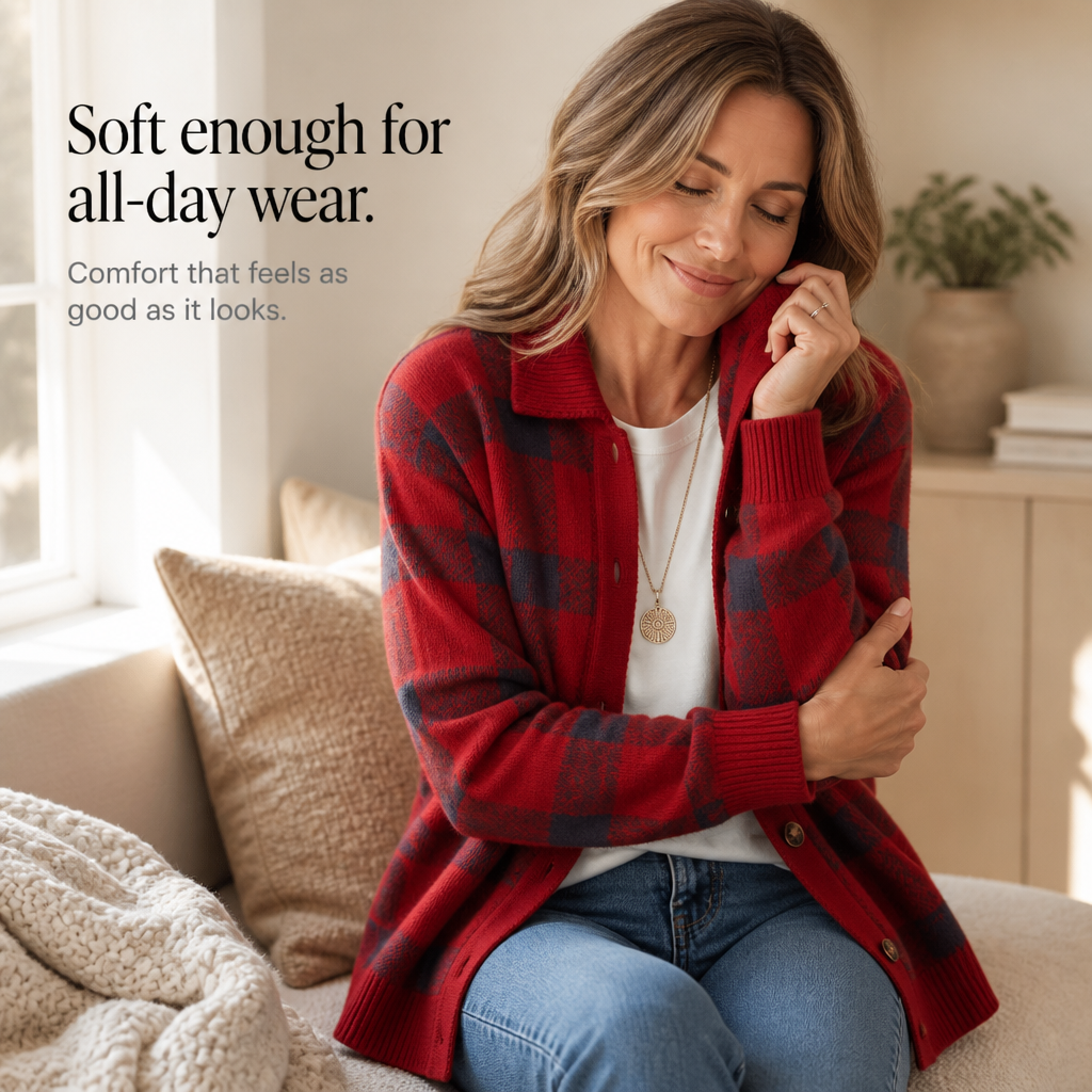 Plaidwell – Plaid Knit Collared Button-Front Cardigan