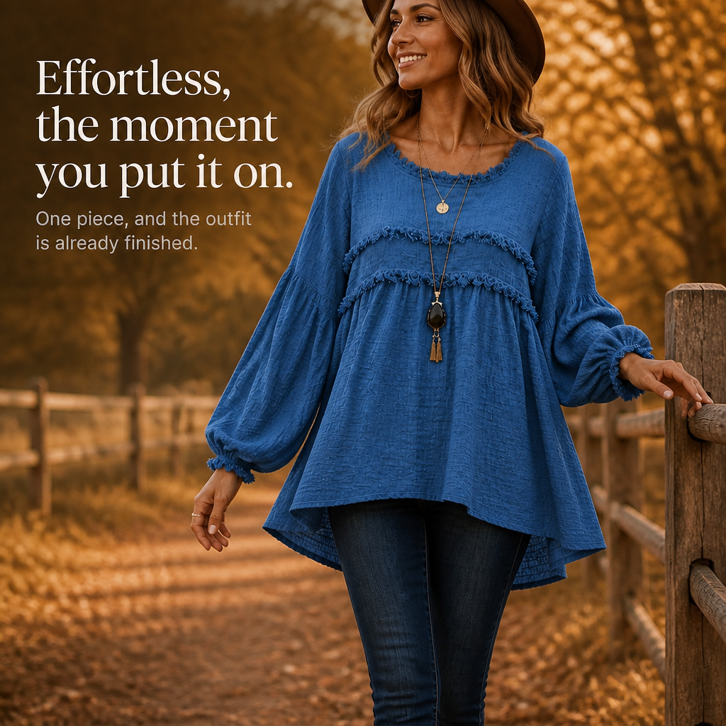 Wovella – Fringe-Trim Pleated-Sleeve Boho Blouse