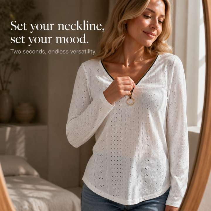 Wearbella – Pointelle Knit Zip-Neck Top
