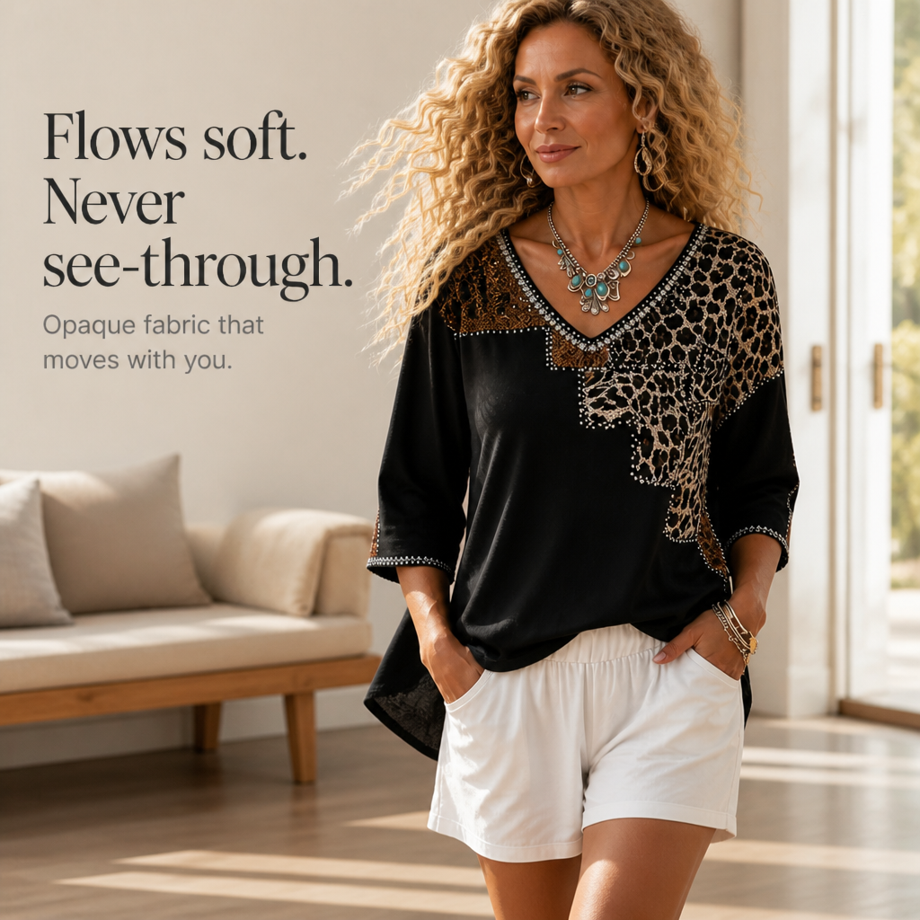 Noirprint – Leopard Patchwork Embellished V-Neck Blouse