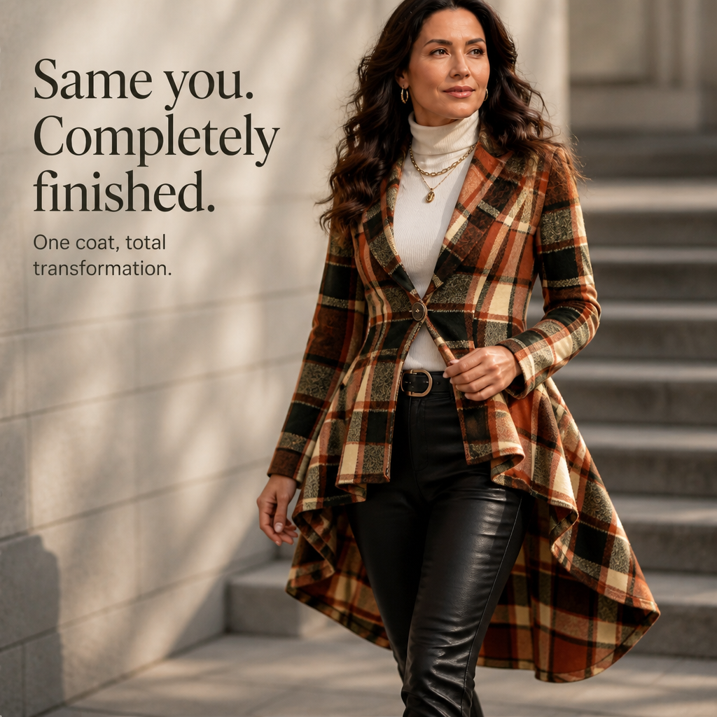 Wearbella – Cinched-Waist High-Low Plaid Peplum Coat