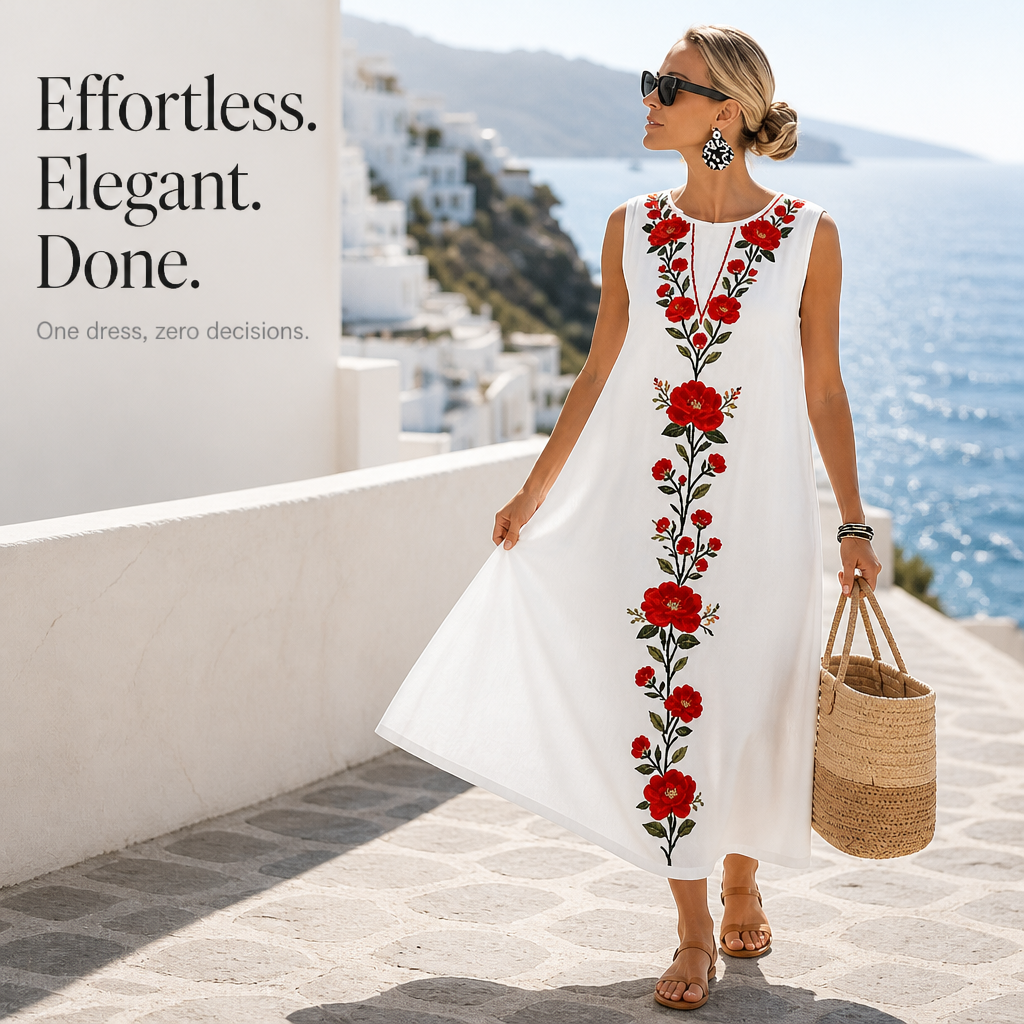 Lineluxe – Red Embroidered Sleeveless Maxi Dress