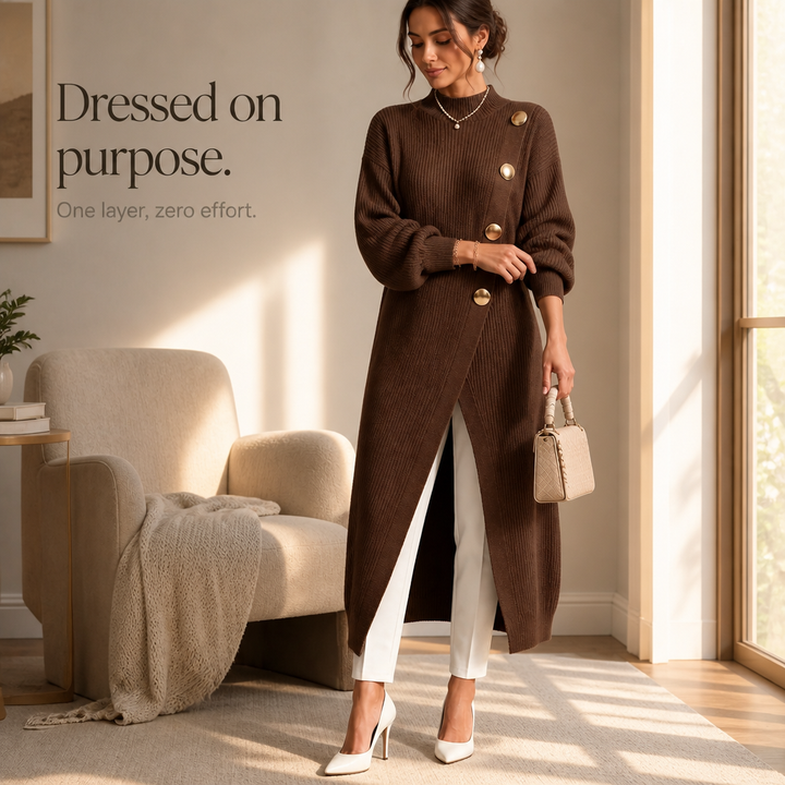 Wearbella – Gold-Tone Button Asymmetric Ribbed Knit Tunic
