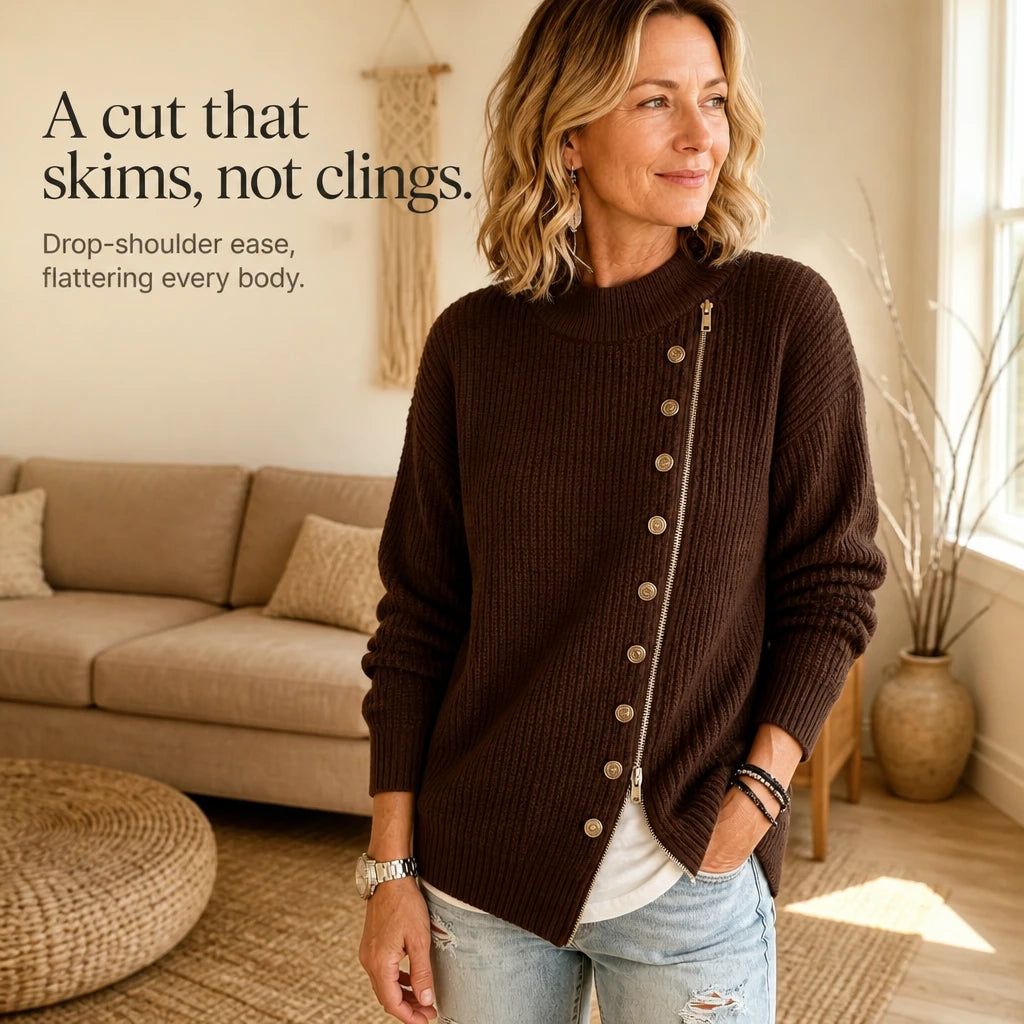 Velaire – Asymmetric Button Zip Ribbed Knit Pullover