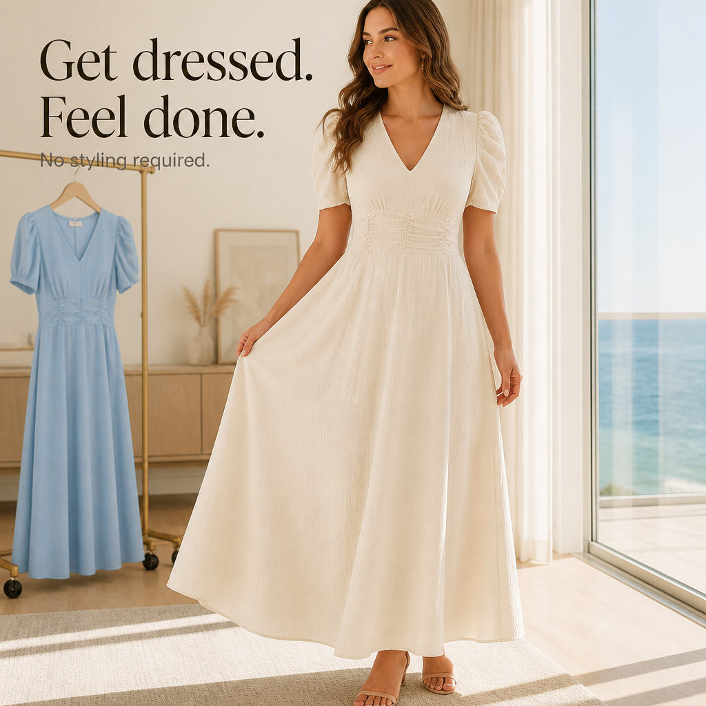 Wearbella – Ruched Waist Puff Sleeve V-Neck Midi Dress