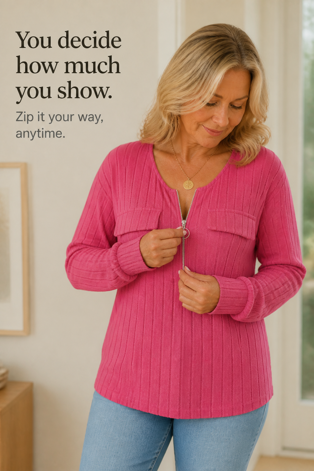 Veloura – Ribbed Adjustable Zip-Neck Knit Top