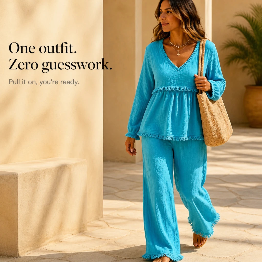 Boho Belle – Fringe-Trim Crinkle Top And Wide-Leg Pants Set