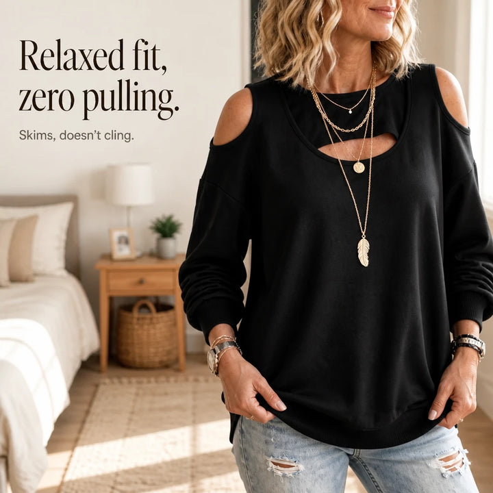 Chicora – Striped Cold-Shoulder Cutout Sweatshirt
