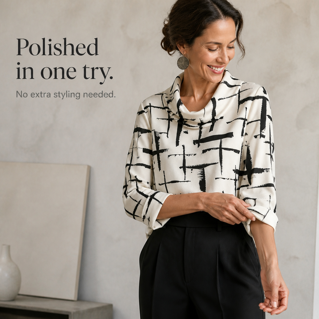 Cowlina – Cross-Print Cowl-Neck 3/4-Sleeve Blouse