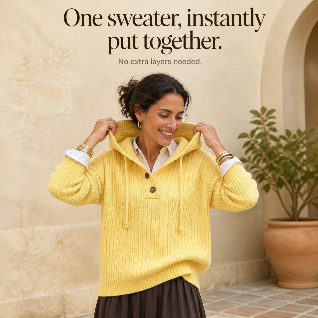 Sunlithe – Hooded Ribbed Collar Half-Zip Knit Pullover