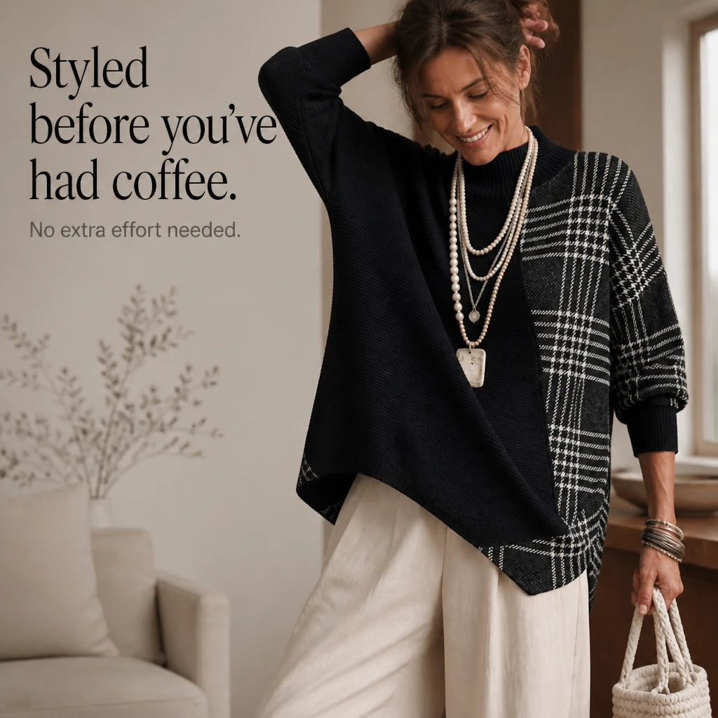 Plaidelle – Asymmetrical Plaid Panel Knit Sweater