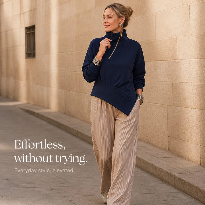 Velaire – Asymmetric Diagonal-Zip High-Neck Sweatshirt