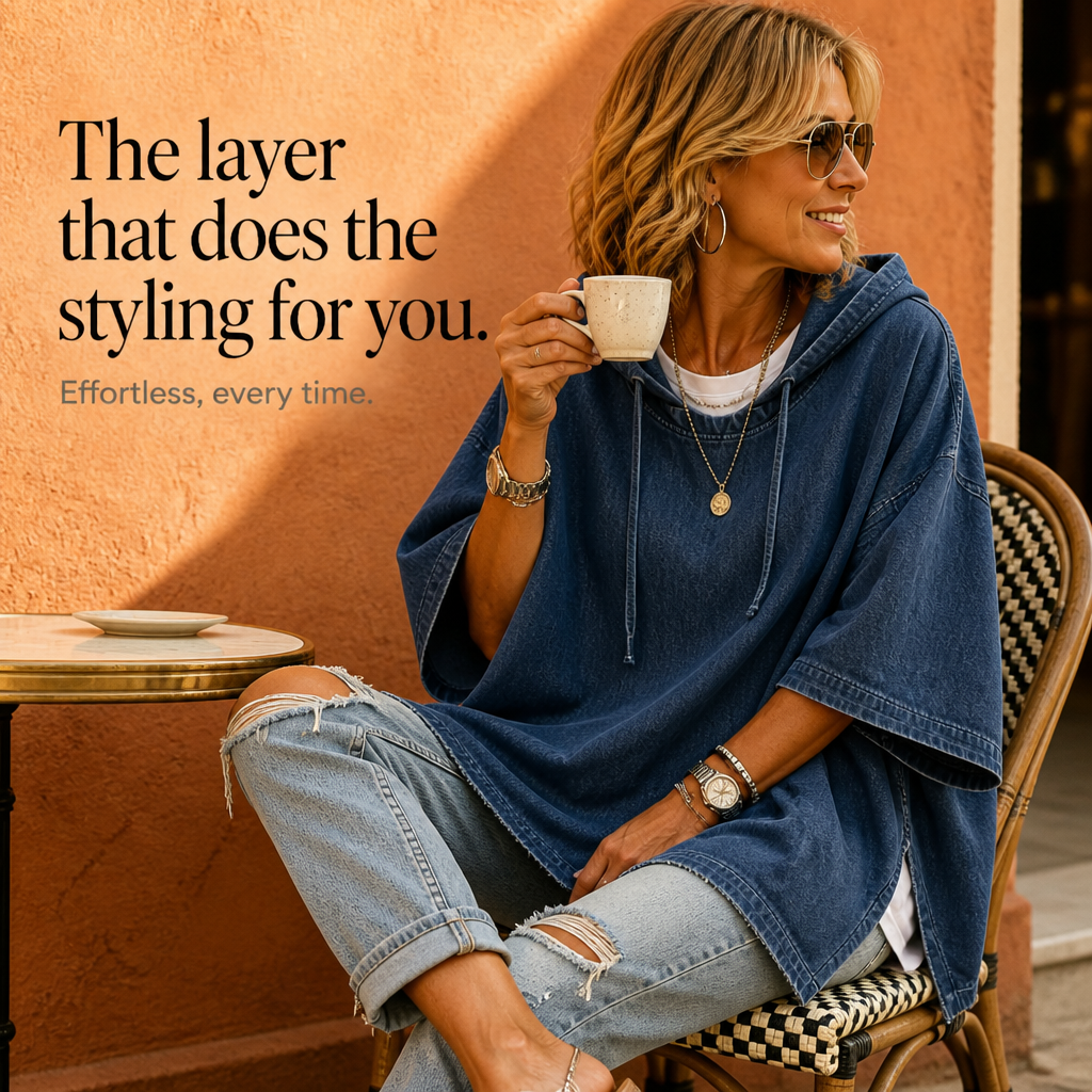 Wearlow – Oversized Washed Denim Look Hooded Poncho