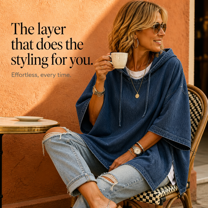 Wearlow – Oversized Washed Denim Look Hooded Poncho