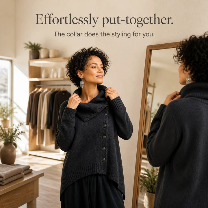 Velora – Asymmetric Draped High-Collar Knit Pullover