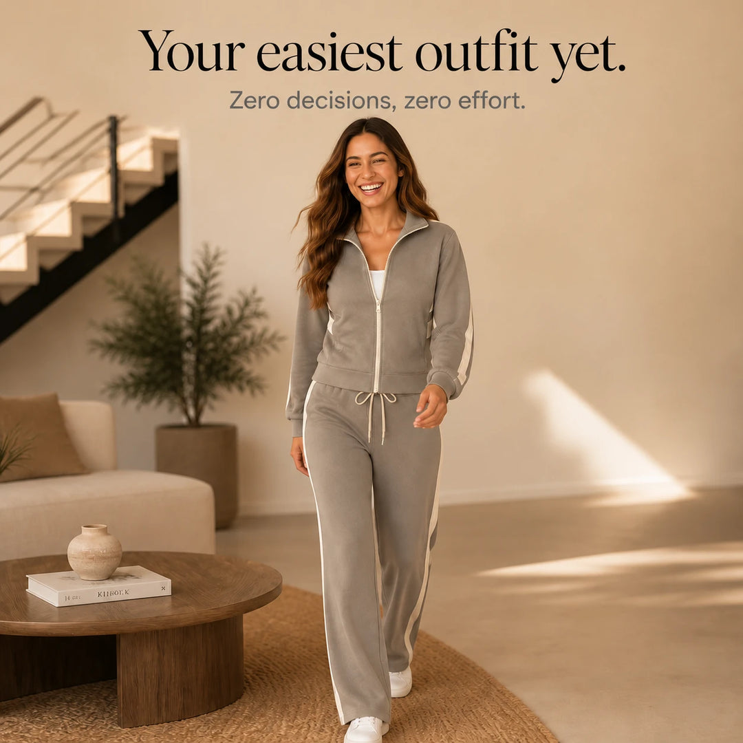 Stride & Set – Cream-Striped Sporty Two-Piece Set